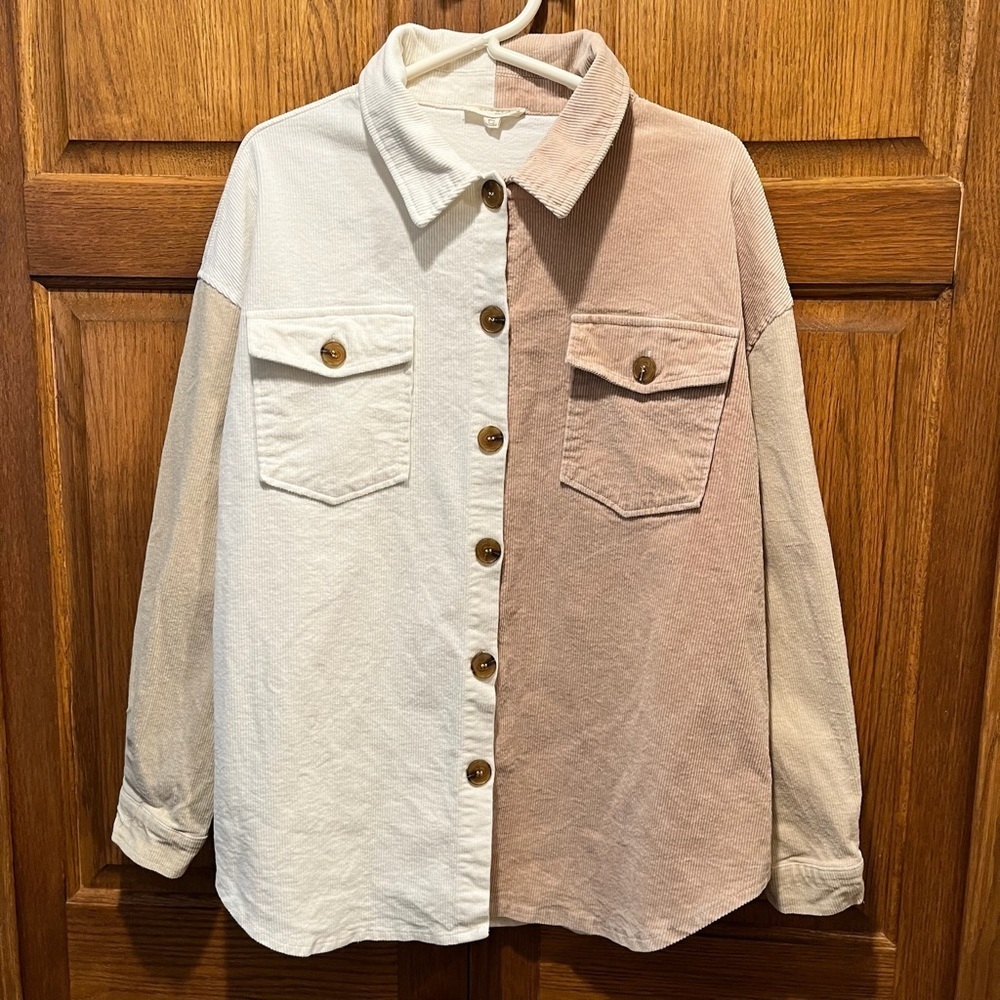 ILLA ILLA Tan and Cream Color Block Button Up Corduroy Shacket - Size Medium